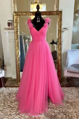 A Line V Neck Hot Pink Tulle Long Prom Dress with Slit Hot Pink Formal Graduation Evening Dress