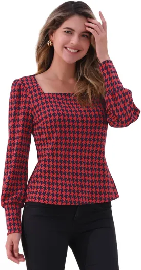 Allegra K Houndstooth Tops for Women's 1950s Vintage Bishop Sleeve Square Neck Blouse