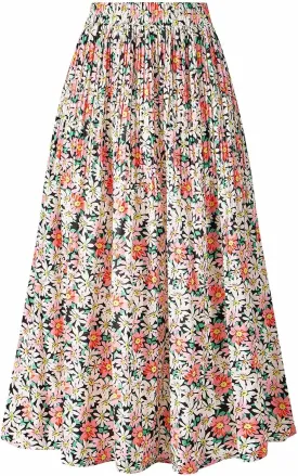 Basoteeuo Womens Skirt Leopard Print Midi Long Shirring Pleated Skirts High Waisted A Line Skirts