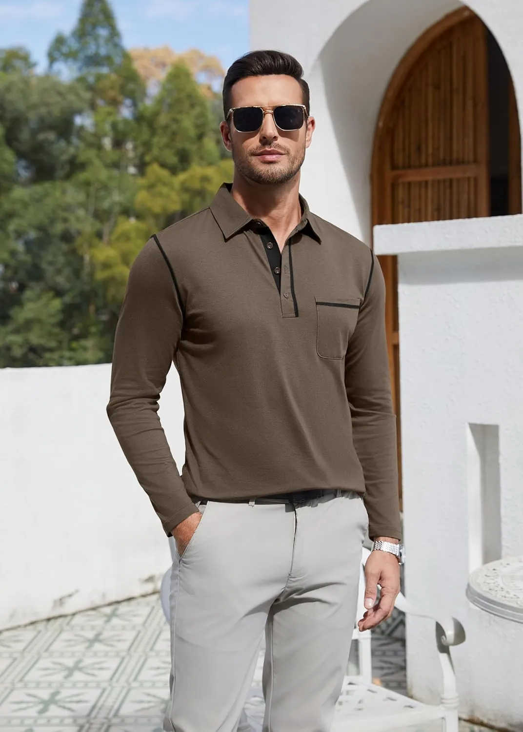 EDITCOZY Long Sleeve Polo Shirts for Men with Pocket Casual Cotton Button Down Collared Golf Shirts