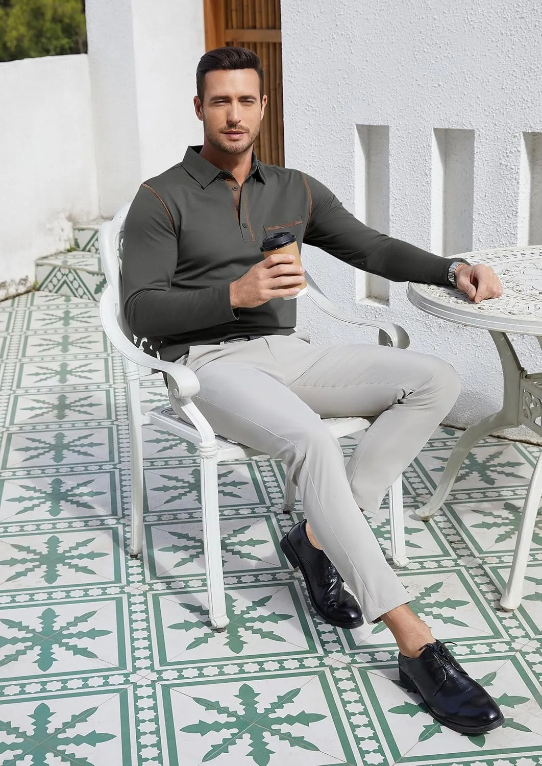 EDITCOZY Long Sleeve Polo Shirts for Men with Pocket Casual Cotton Button Down Collared Golf Shirts