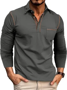 EDITCOZY Long Sleeve Polo Shirts for Men with Pocket Casual Cotton Button Down Collared Golf Shirts