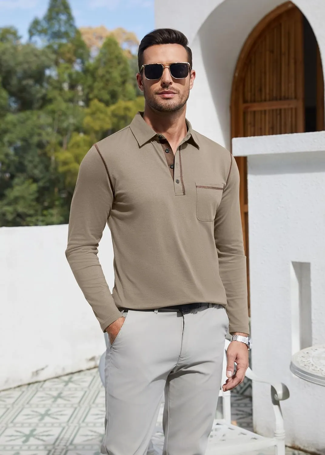 EDITCOZY Long Sleeve Polo Shirts for Men with Pocket Casual Cotton Button Down Collared Golf Shirts