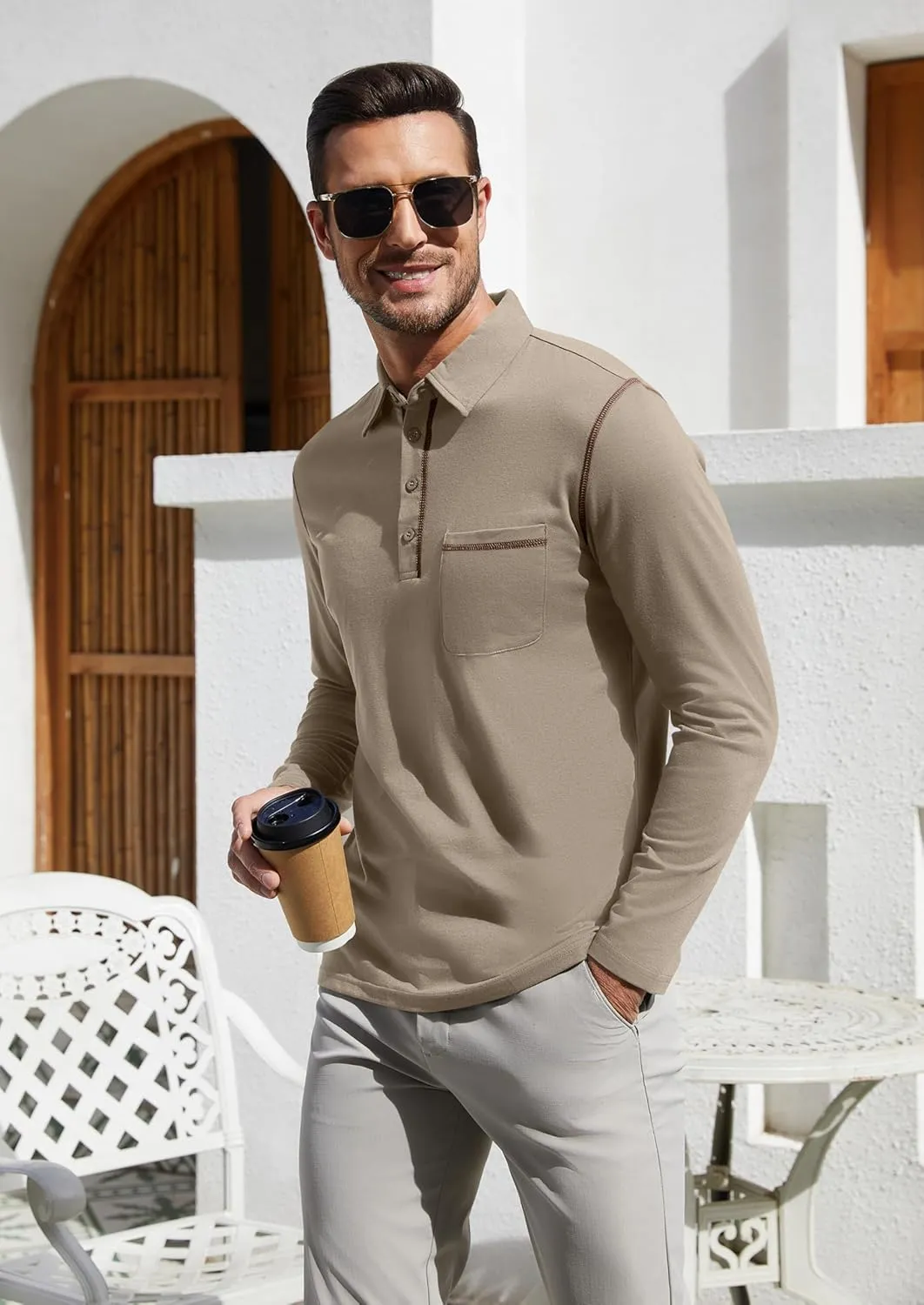 EDITCOZY Long Sleeve Polo Shirts for Men with Pocket Casual Cotton Button Down Collared Golf Shirts