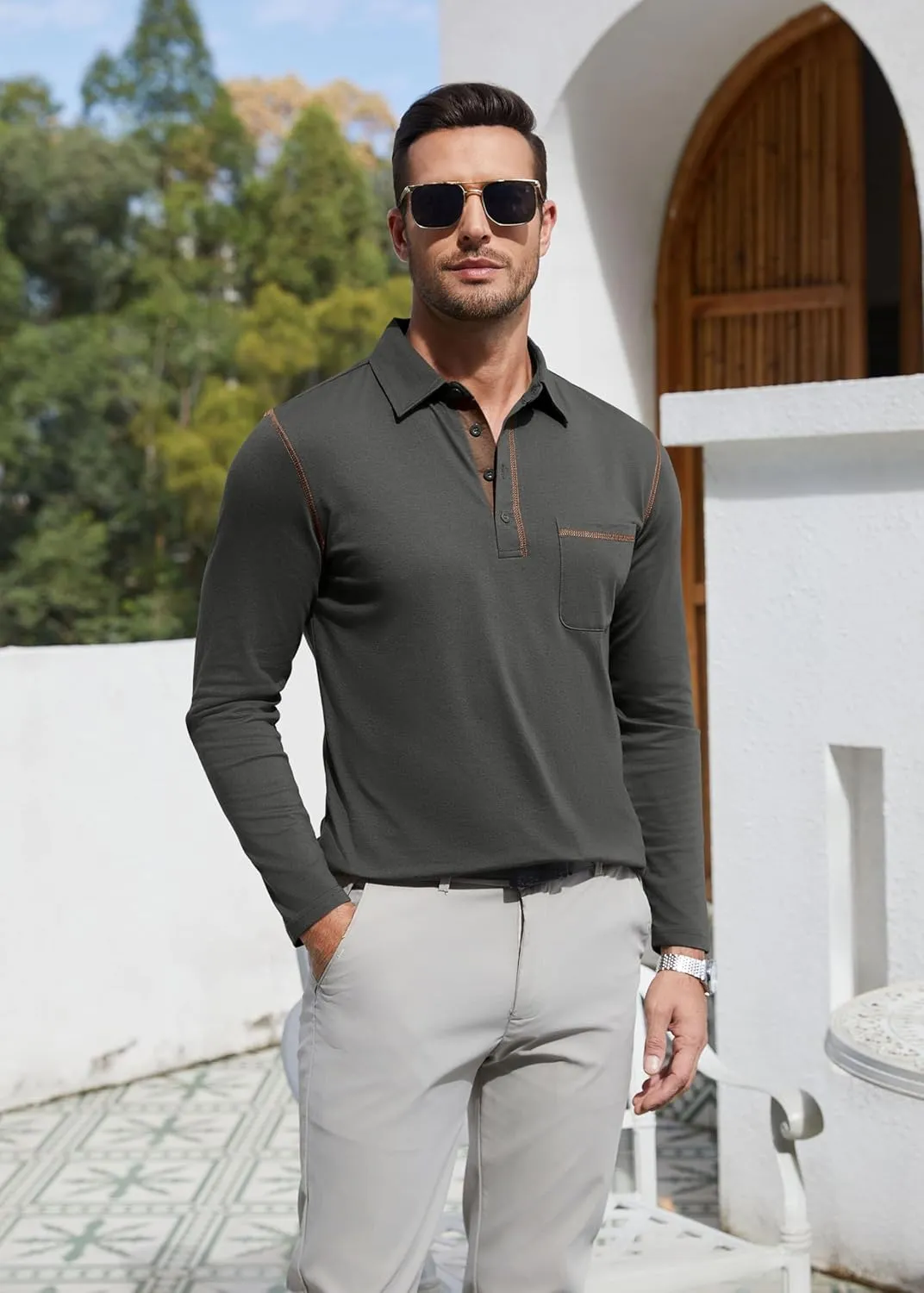 EDITCOZY Long Sleeve Polo Shirts for Men with Pocket Casual Cotton Button Down Collared Golf Shirts