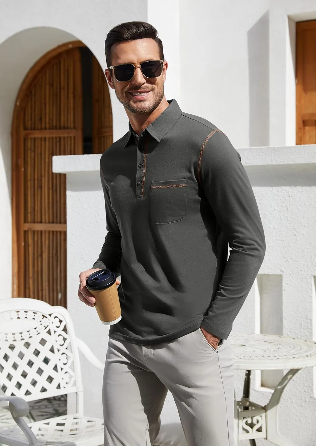 EDITCOZY Long Sleeve Polo Shirts for Men with Pocket Casual Cotton Button Down Collared Golf Shirts