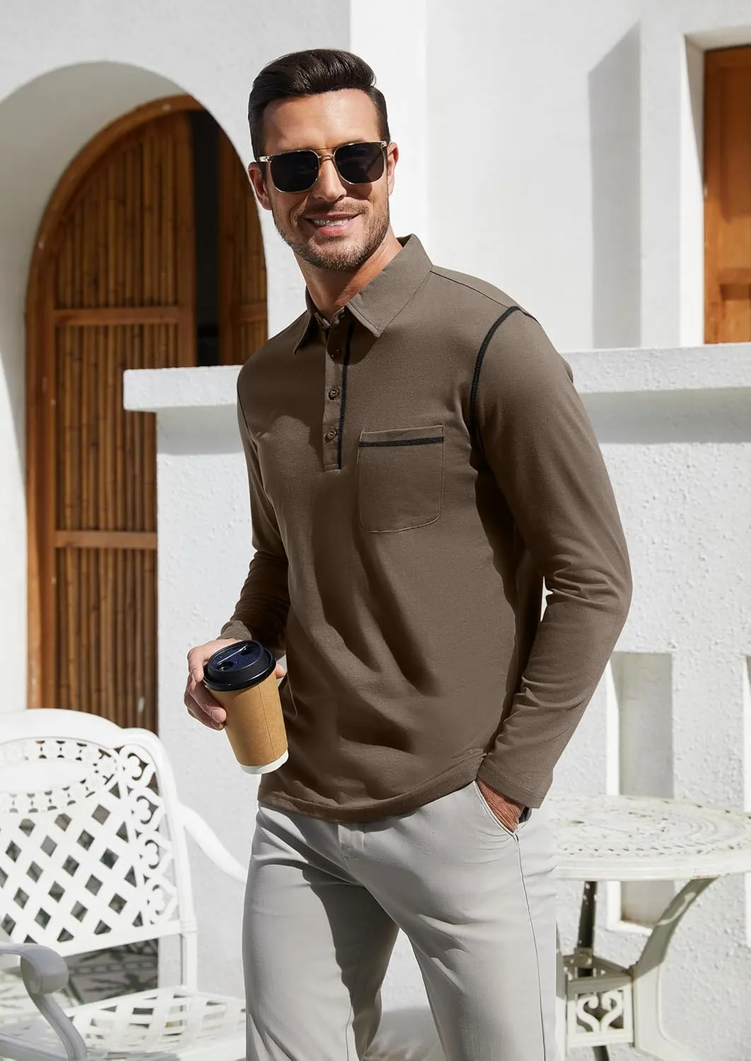 EDITCOZY Long Sleeve Polo Shirts for Men with Pocket Casual Cotton Button Down Collared Golf Shirts