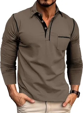 EDITCOZY Long Sleeve Polo Shirts for Men with Pocket Casual Cotton Button Down Collared Golf Shirts