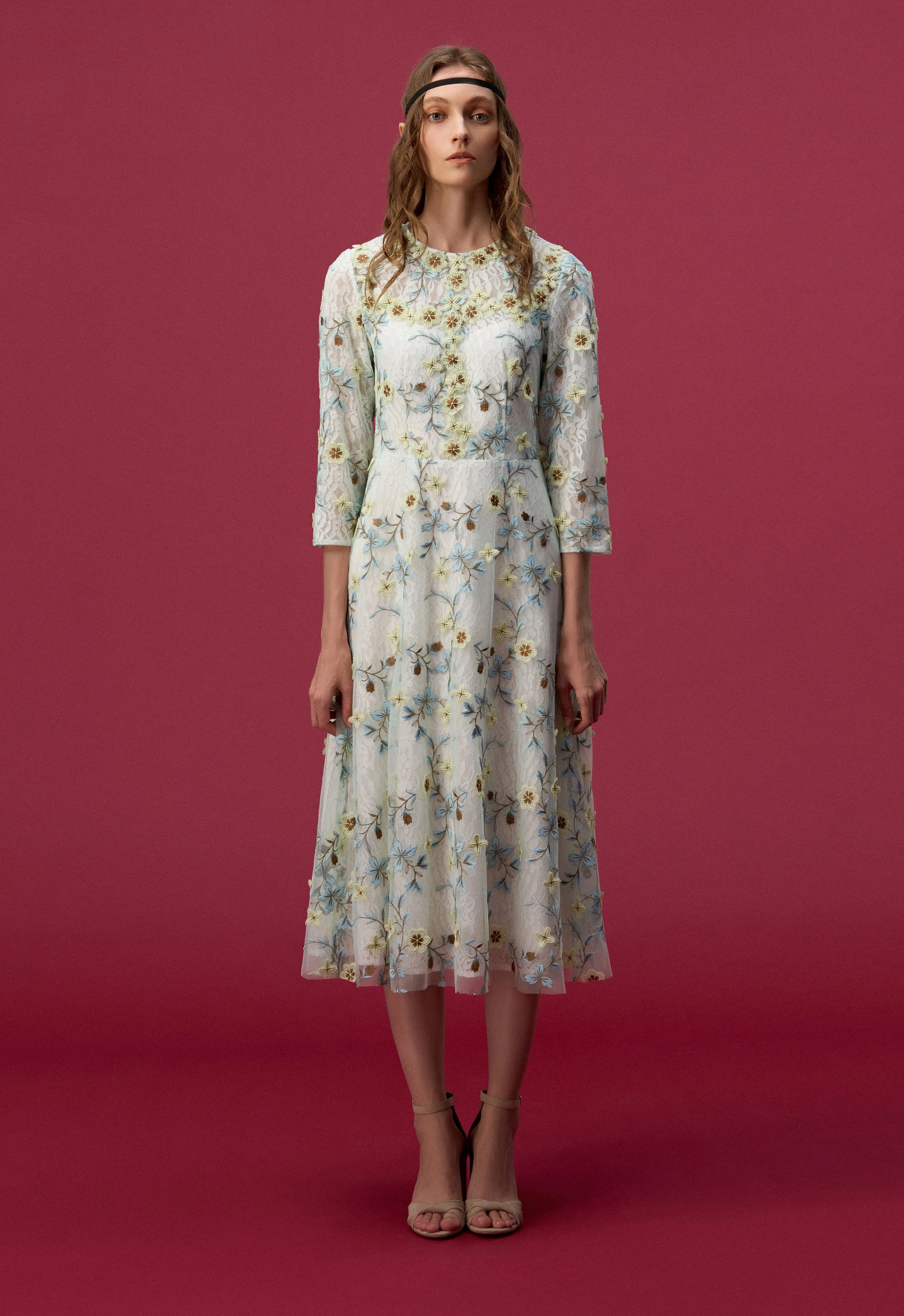 Floral Embroidered Long Sleeve Evening Dress