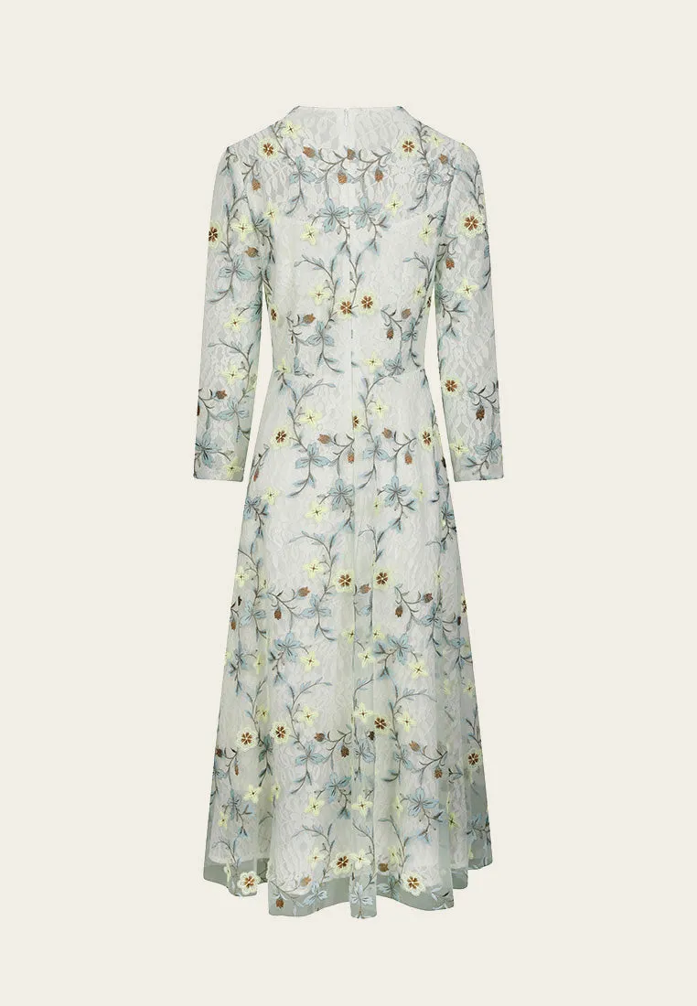 Floral Embroidered Long Sleeve Evening Dress