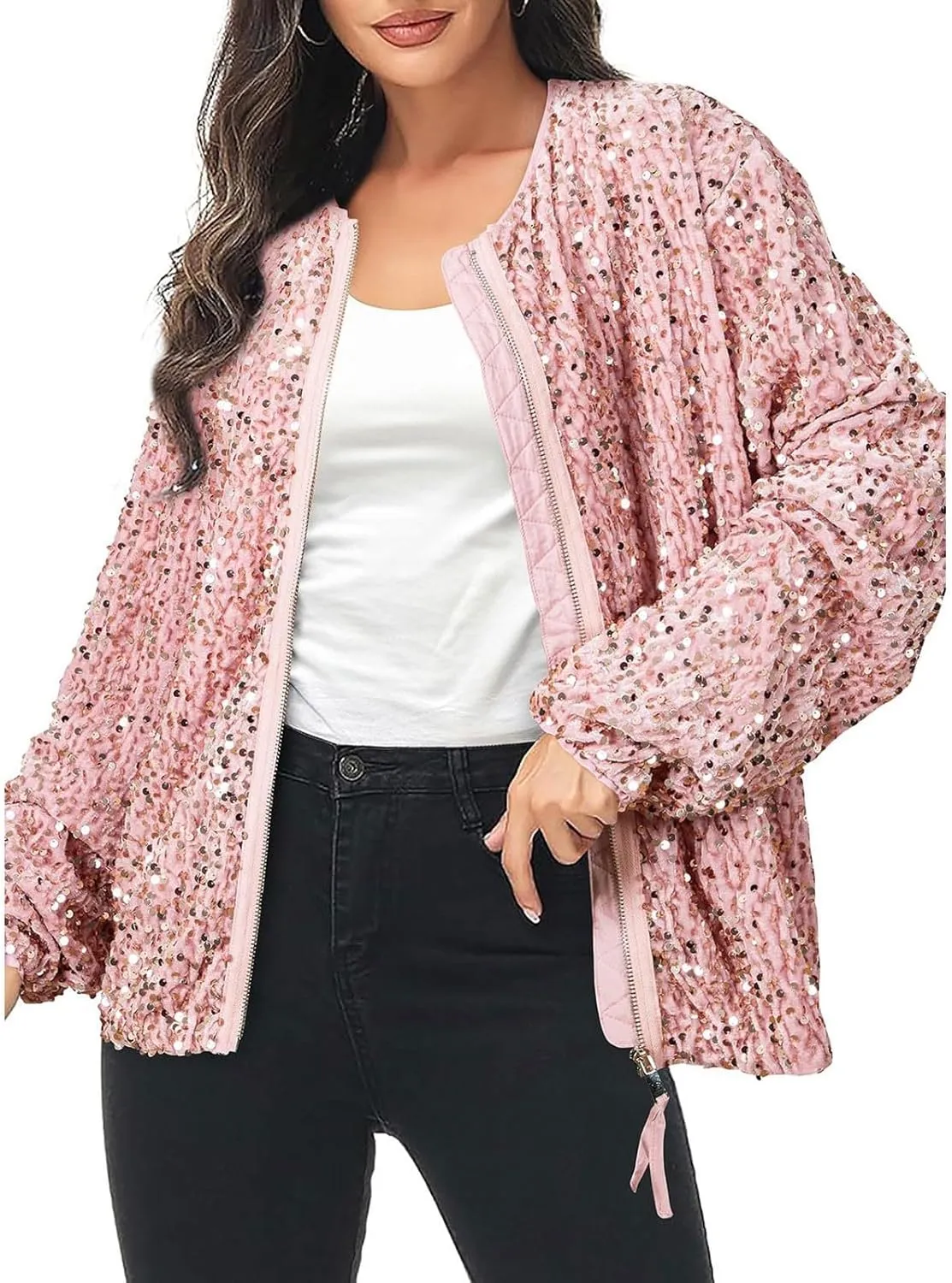 GOKKILRW Womens Sparkly Sequin Coat Lightweight Y2k Shiny Glitter Party Bomber Jacket Zip Up Casual Concert Going Out Outwear