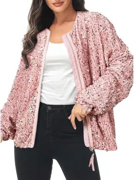GOKKILRW Womens Sparkly Sequin Coat Lightweight Y2k Shiny Glitter Party Bomber Jacket Zip Up Casual Concert Going Out Outwear