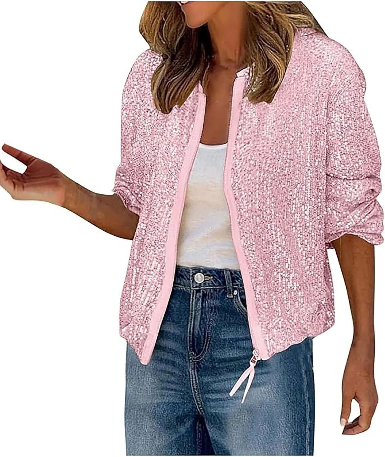 GOKKILRW Womens Sparkly Sequin Coat Lightweight Y2k Shiny Glitter Party Bomber Jacket Zip Up Casual Concert Going Out Outwear