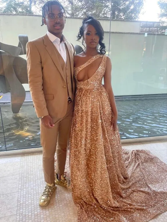 Gold Sequin Long Prom Dresses Evening Gowns     S3548