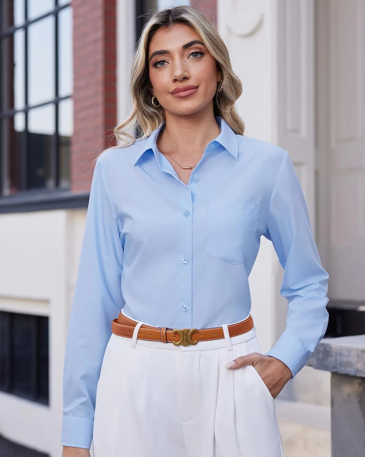 J.VER Womens Button Down Dress Shirts Solid Long Sleeve Wrinkle Free Formal Collared Shirt Casual Business Blouse with Pocket