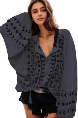 Kedera Womens Boho Embroidered Tops Floral Babydoll Tops Long Sleeve V Neck Peasant Blouses Mexican Shirt