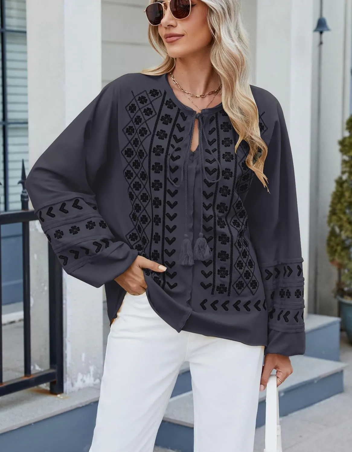 Kedera Womens Boho Embroidered Tops Floral Babydoll Tops Long Sleeve V Neck Peasant Blouses Mexican Shirt