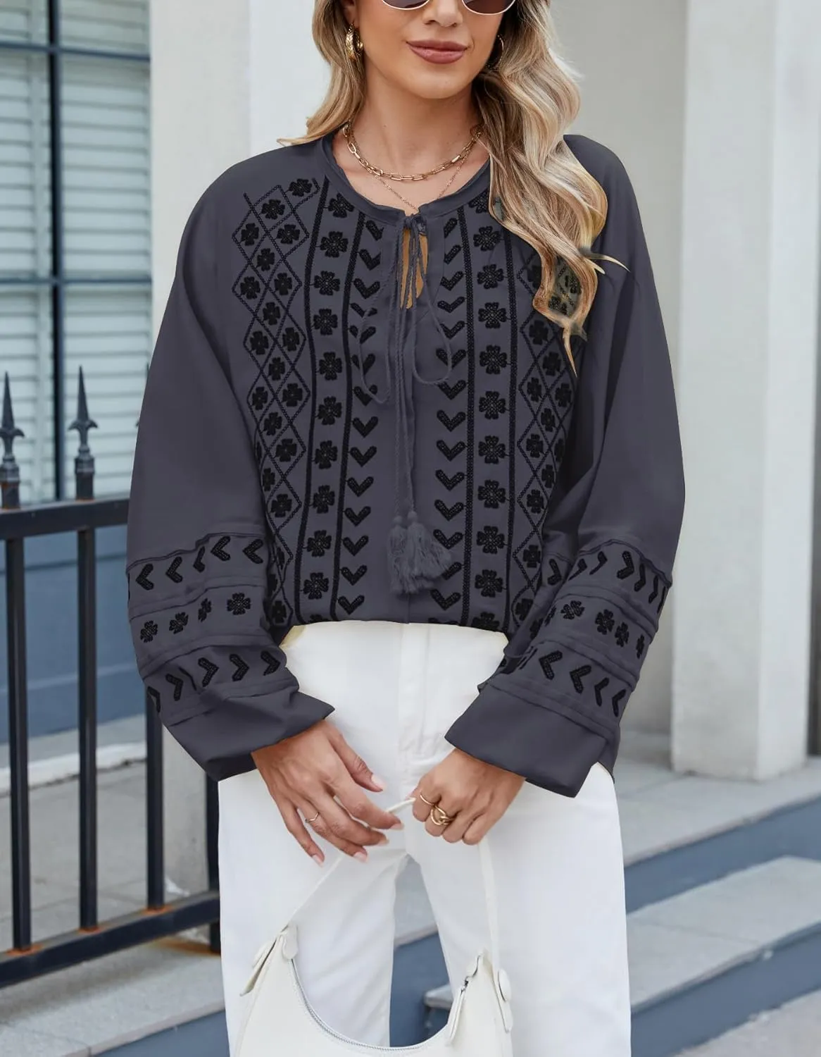 Kedera Womens Boho Embroidered Tops Floral Babydoll Tops Long Sleeve V Neck Peasant Blouses Mexican Shirt
