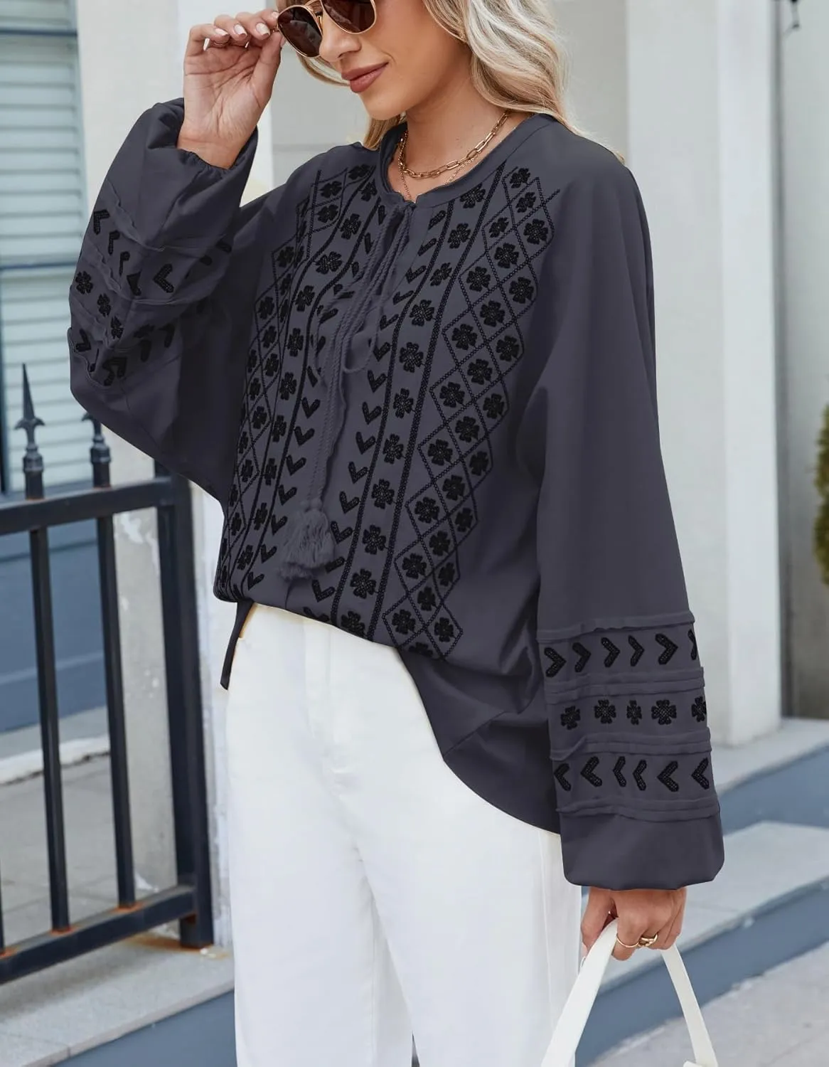 Kedera Womens Boho Embroidered Tops Floral Babydoll Tops Long Sleeve V Neck Peasant Blouses Mexican Shirt