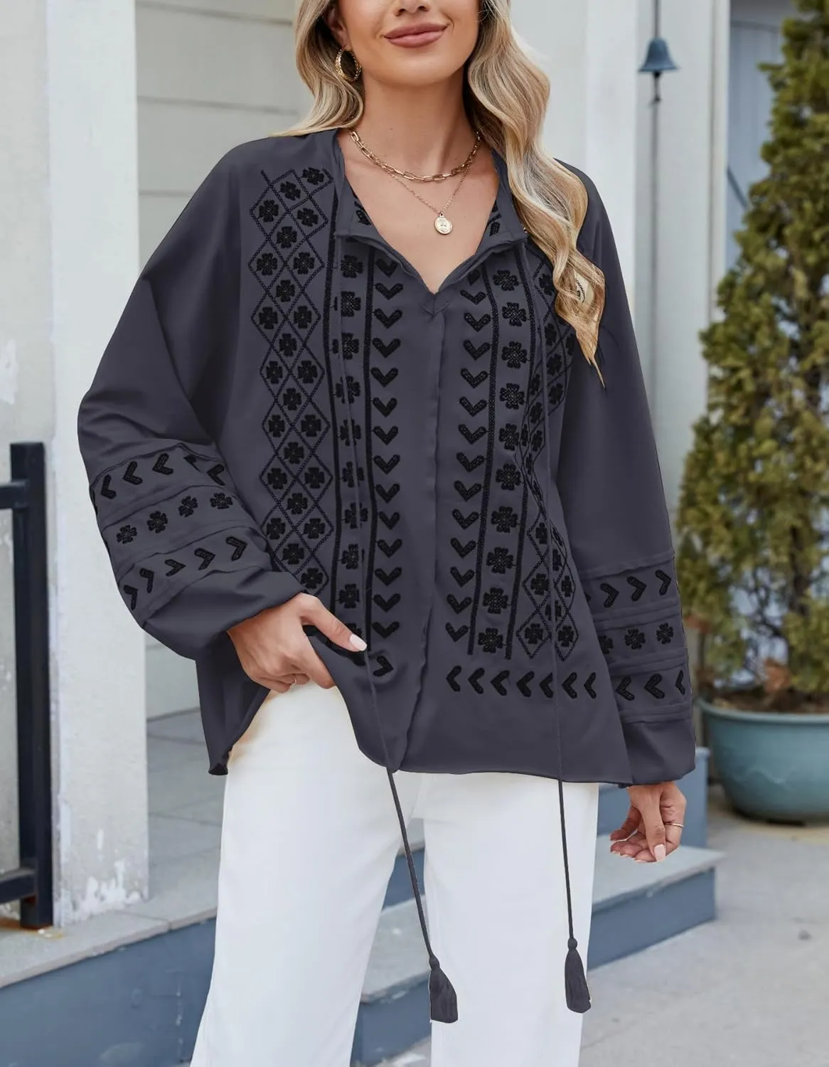 Kedera Womens Boho Embroidered Tops Floral Babydoll Tops Long Sleeve V Neck Peasant Blouses Mexican Shirt