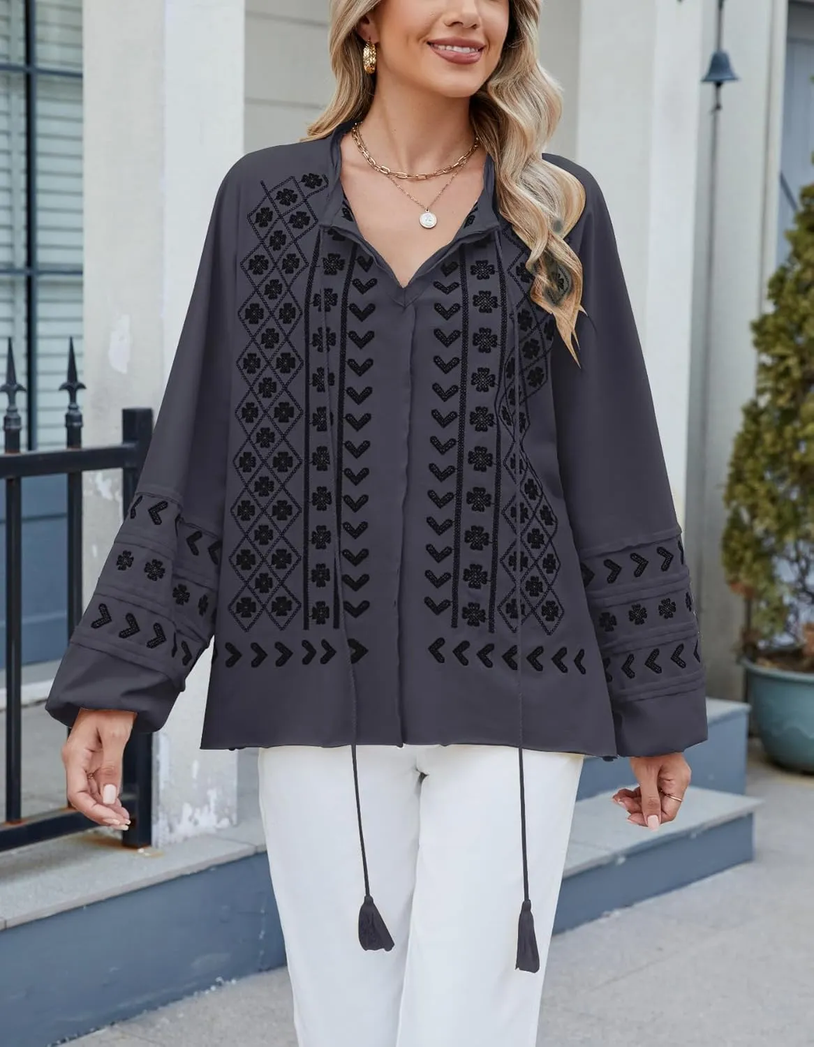 Kedera Womens Boho Embroidered Tops Floral Babydoll Tops Long Sleeve V Neck Peasant Blouses Mexican Shirt