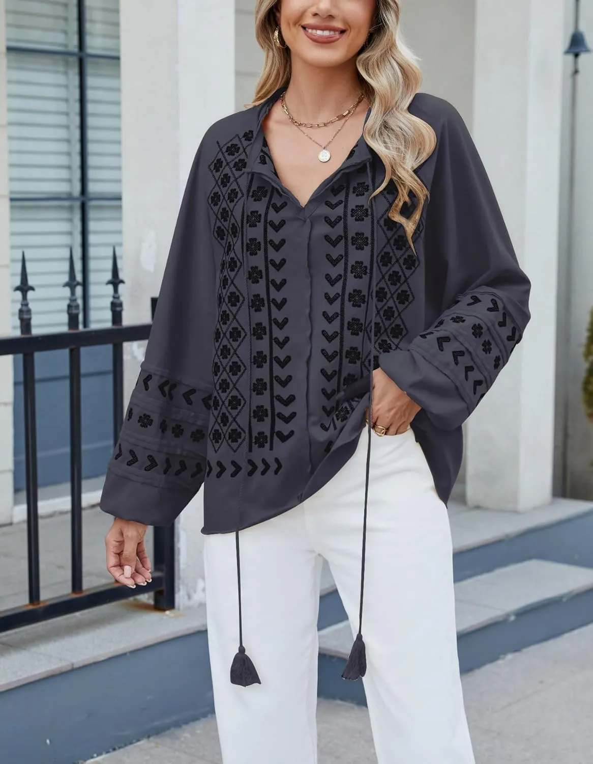 Kedera Womens Boho Embroidered Tops Floral Babydoll Tops Long Sleeve V Neck Peasant Blouses Mexican Shirt