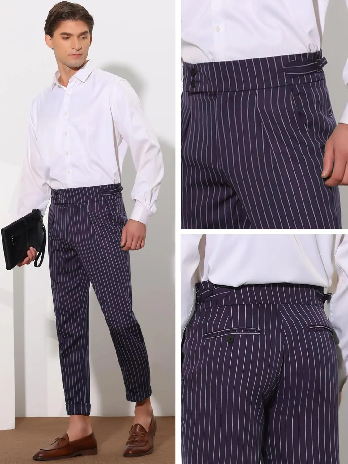 Lars Amadeus Striped Dress Pants for Men's Pleated Front Business Tapered Cropped Trousers