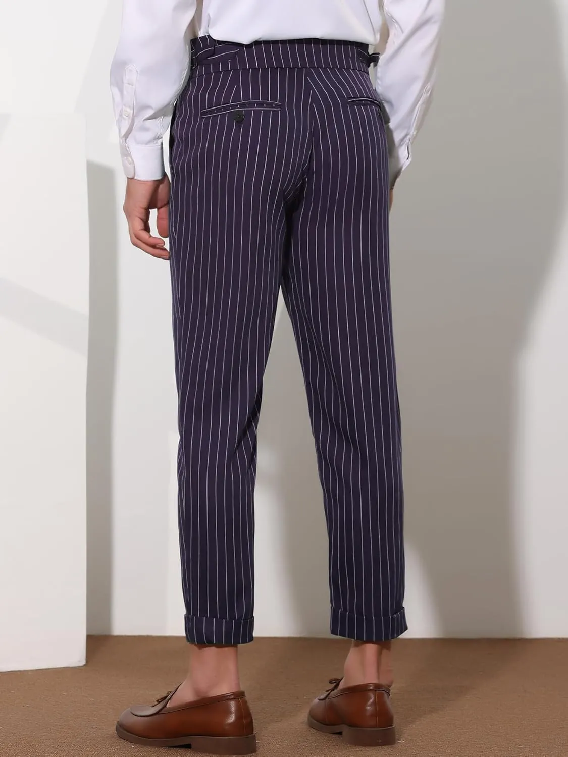 Lars Amadeus Striped Dress Pants for Men's Pleated Front Business Tapered Cropped Trousers