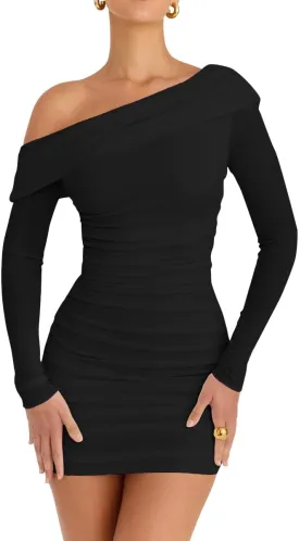 LCNBA Women's Sexy One Shoulder Mesh Long Sleeve Ruched Bodycon Club Party Mini Dress
