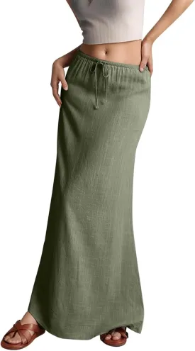 Linen Maxi Skirts for Women Trendy Summer Comfy Drawstring A Line Skirts Casual Beach Vacation Boho Flowy Long Skirts