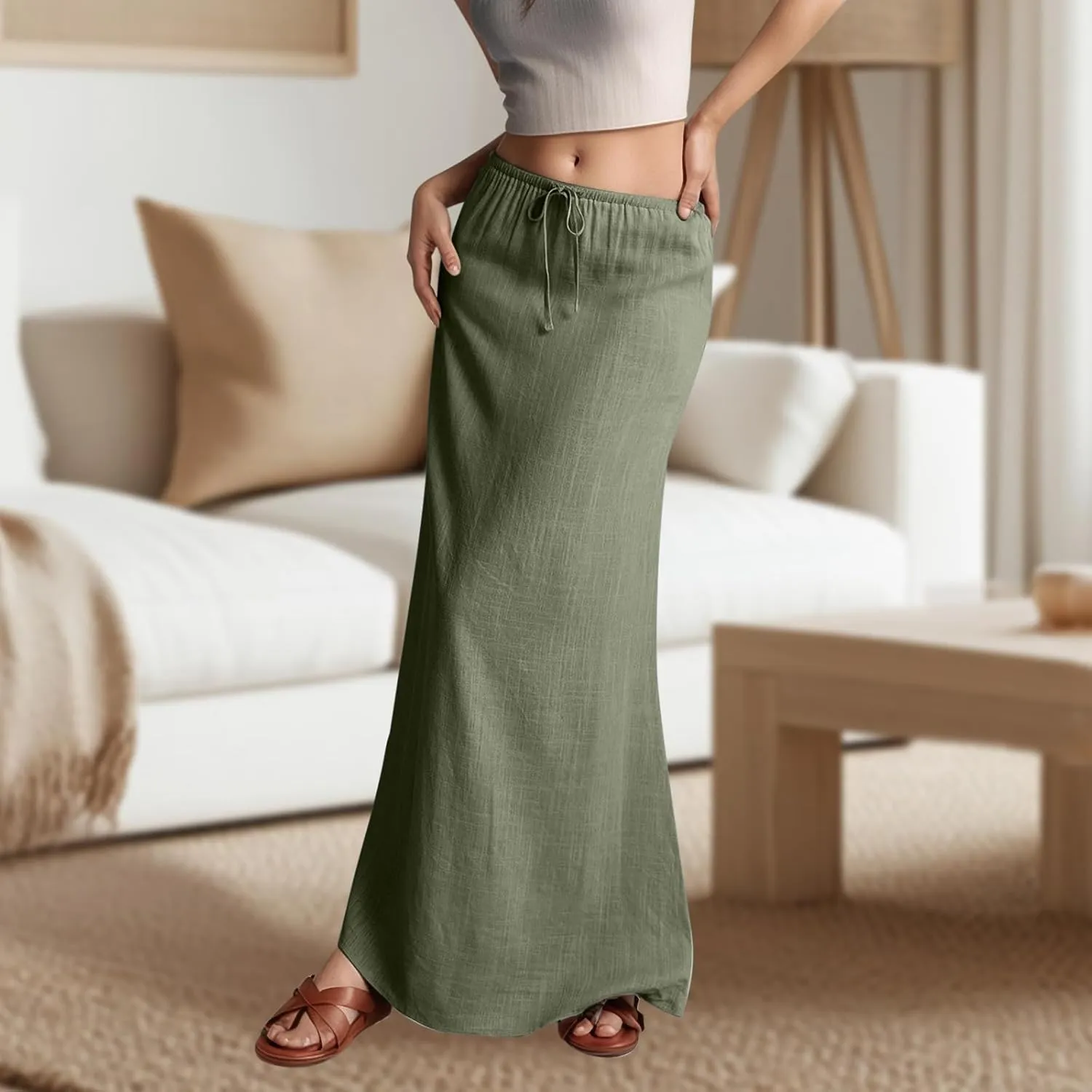 Linen Maxi Skirts for Women Trendy Summer Comfy Drawstring A Line Skirts Casual Beach Vacation Boho Flowy Long Skirts