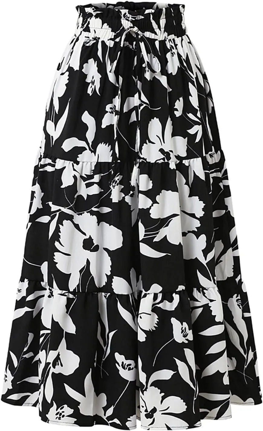 Maxi Skirts for Women Boho Floral Print Tiered Flowy Skirt Vacation Elastic Drawstring Waist A Line Pleated Skirt