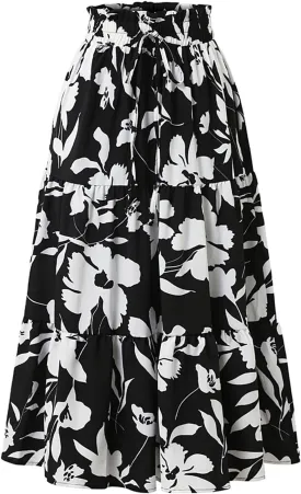 Maxi Skirts for Women Boho Floral Print Tiered Flowy Skirt Vacation Elastic Drawstring Waist A Line Pleated Skirt