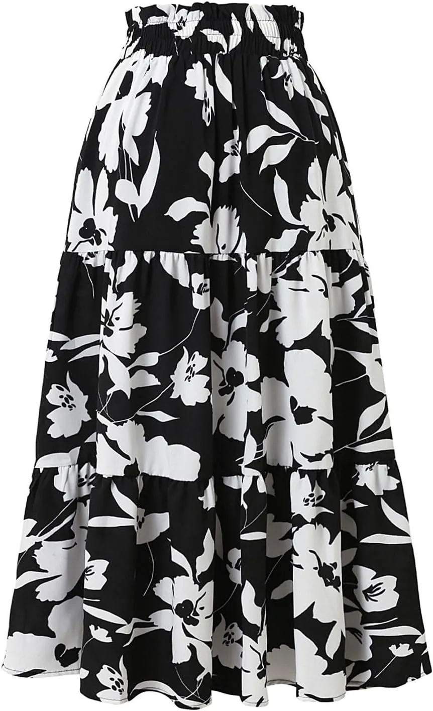 Maxi Skirts for Women Boho Floral Print Tiered Flowy Skirt Vacation Elastic Drawstring Waist A Line Pleated Skirt