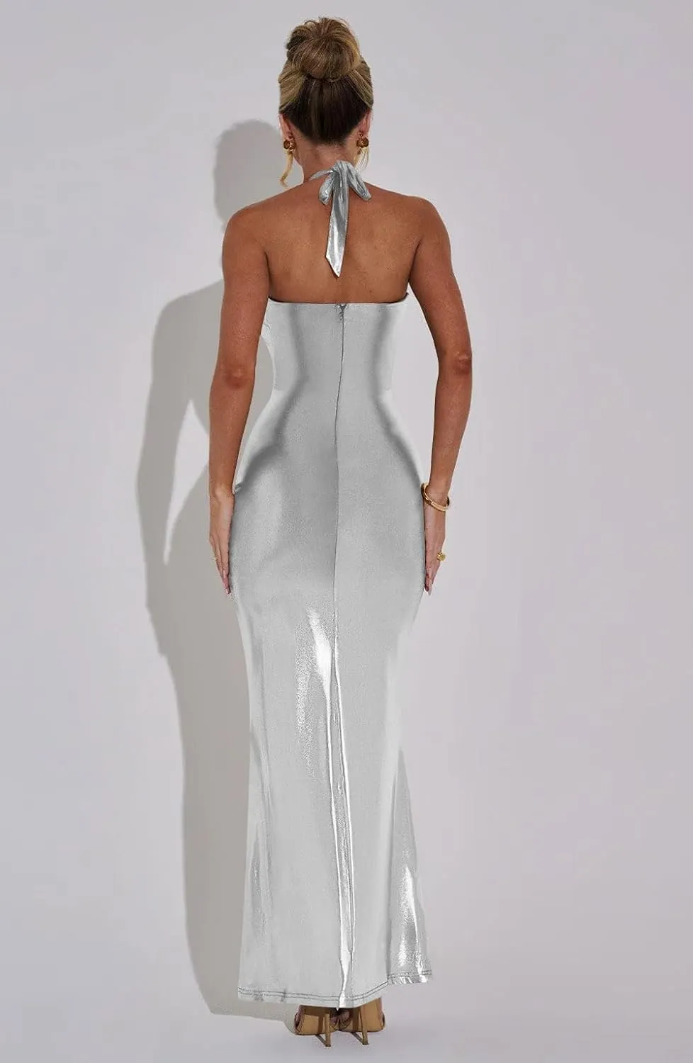 Memoriesea Women's Luxury Metallic Halter Neck Bodycon Party Evening Gown Maxi Dress