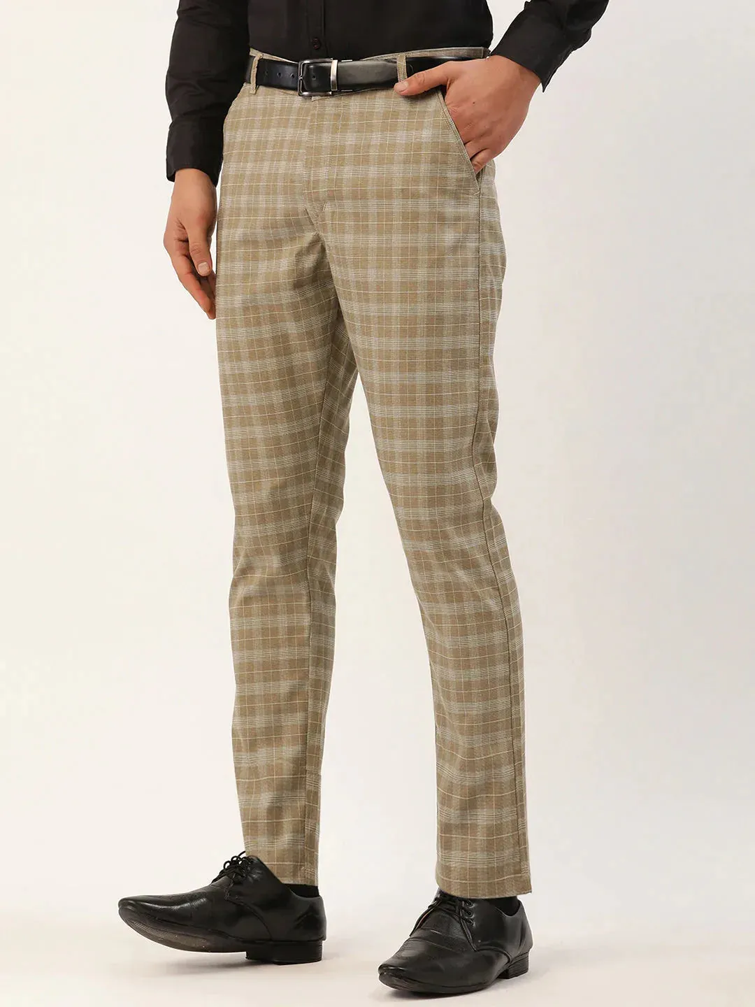 Men'S Beige Tartan Checked Formal Trousers