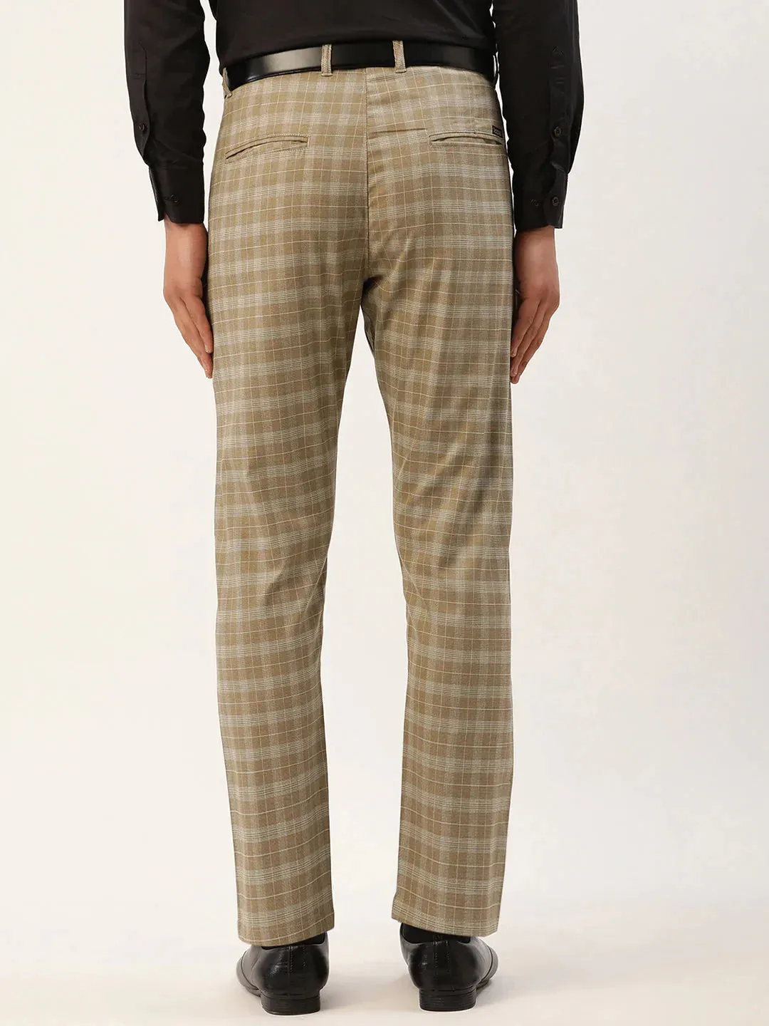 Men'S Beige Tartan Checked Formal Trousers