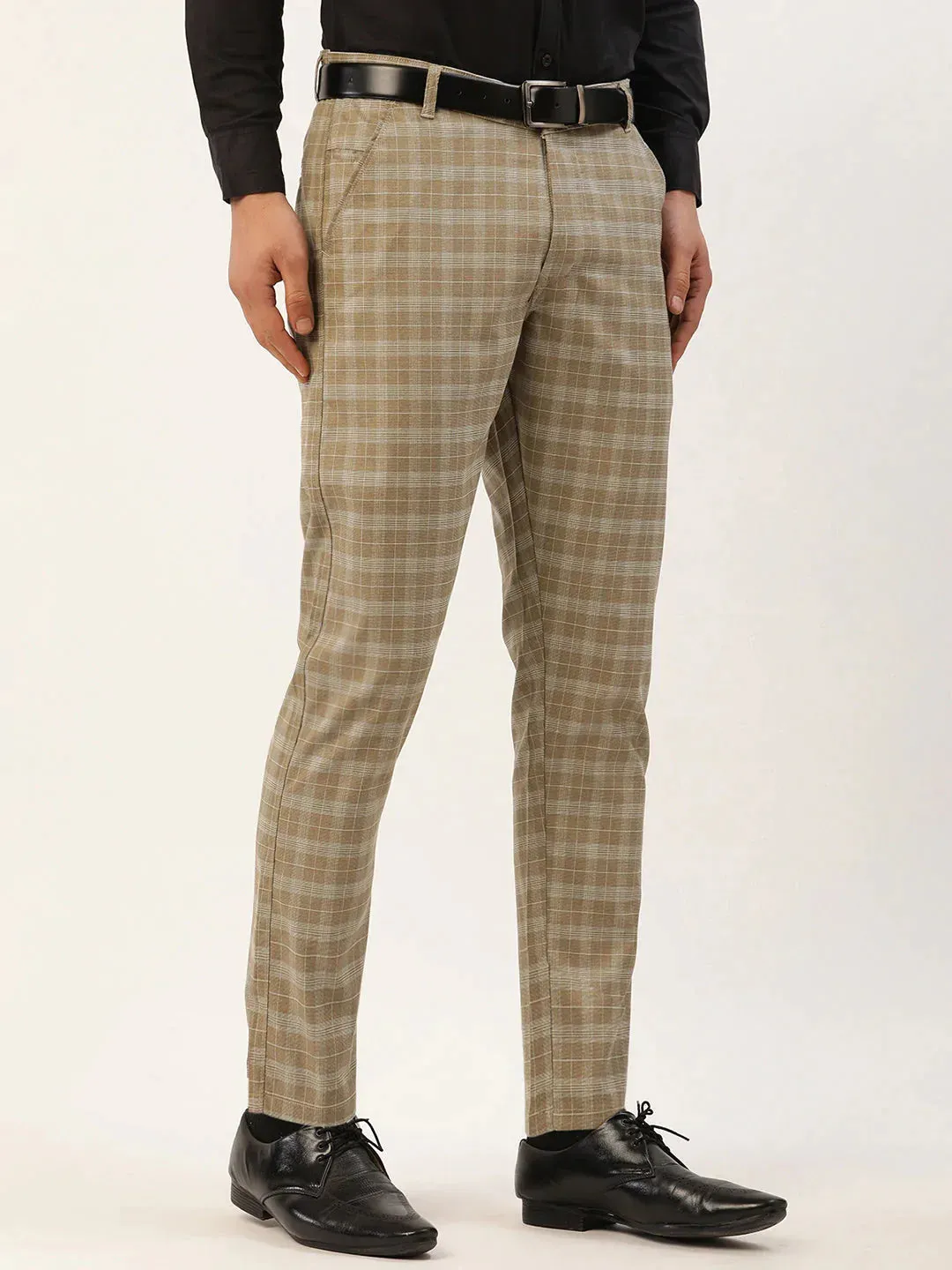 Men'S Beige Tartan Checked Formal Trousers