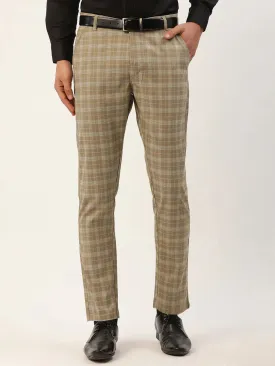 Men'S Beige Tartan Checked Formal Trousers
