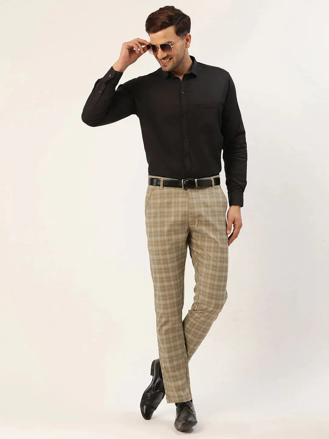 Men'S Beige Tartan Checked Formal Trousers