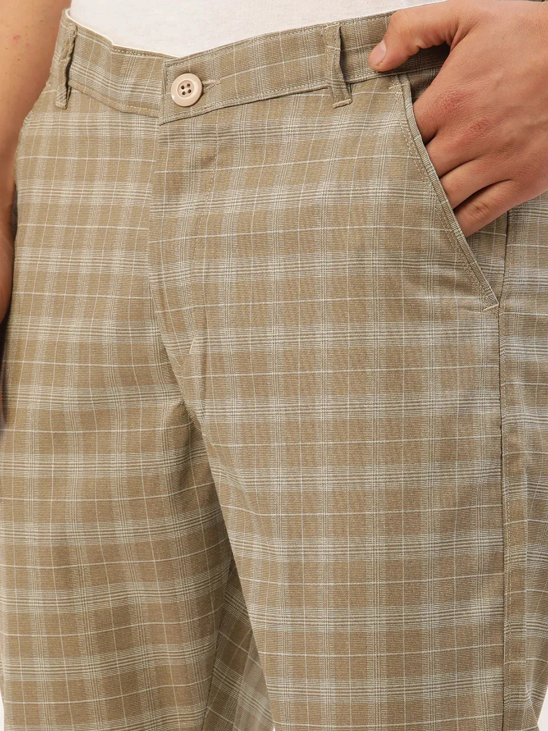 Men'S Beige Tartan Checked Formal Trousers