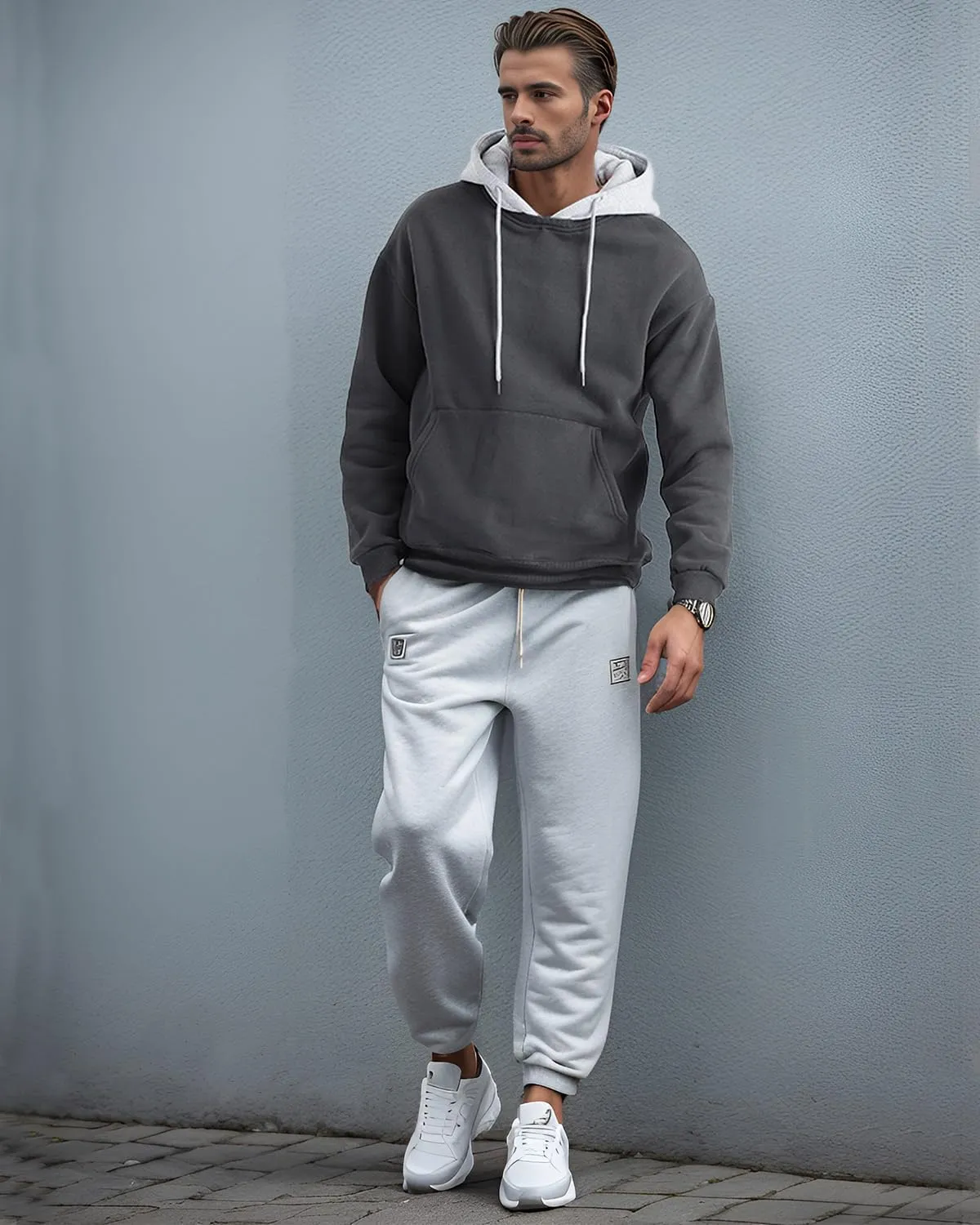 Mens Hoodies Pullover Color Block Fleece Long Sleeve Sweatshirt Tops with Pocket