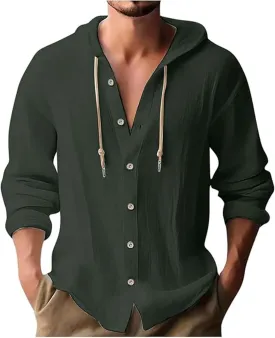 Men's Long Sleeve Cotton Linen Shirt Drawstring Beach Button Down Shirts Casual Button Up Hoodie Summer Tops Hood with Pocket