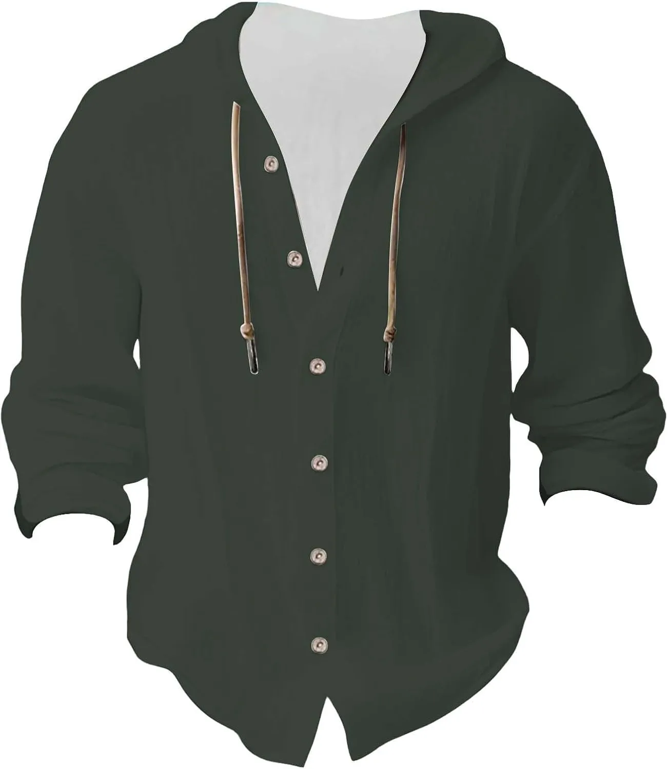 Men's Long Sleeve Cotton Linen Shirt Drawstring Beach Button Down Shirts Casual Button Up Hoodie Summer Tops Hood with Pocket