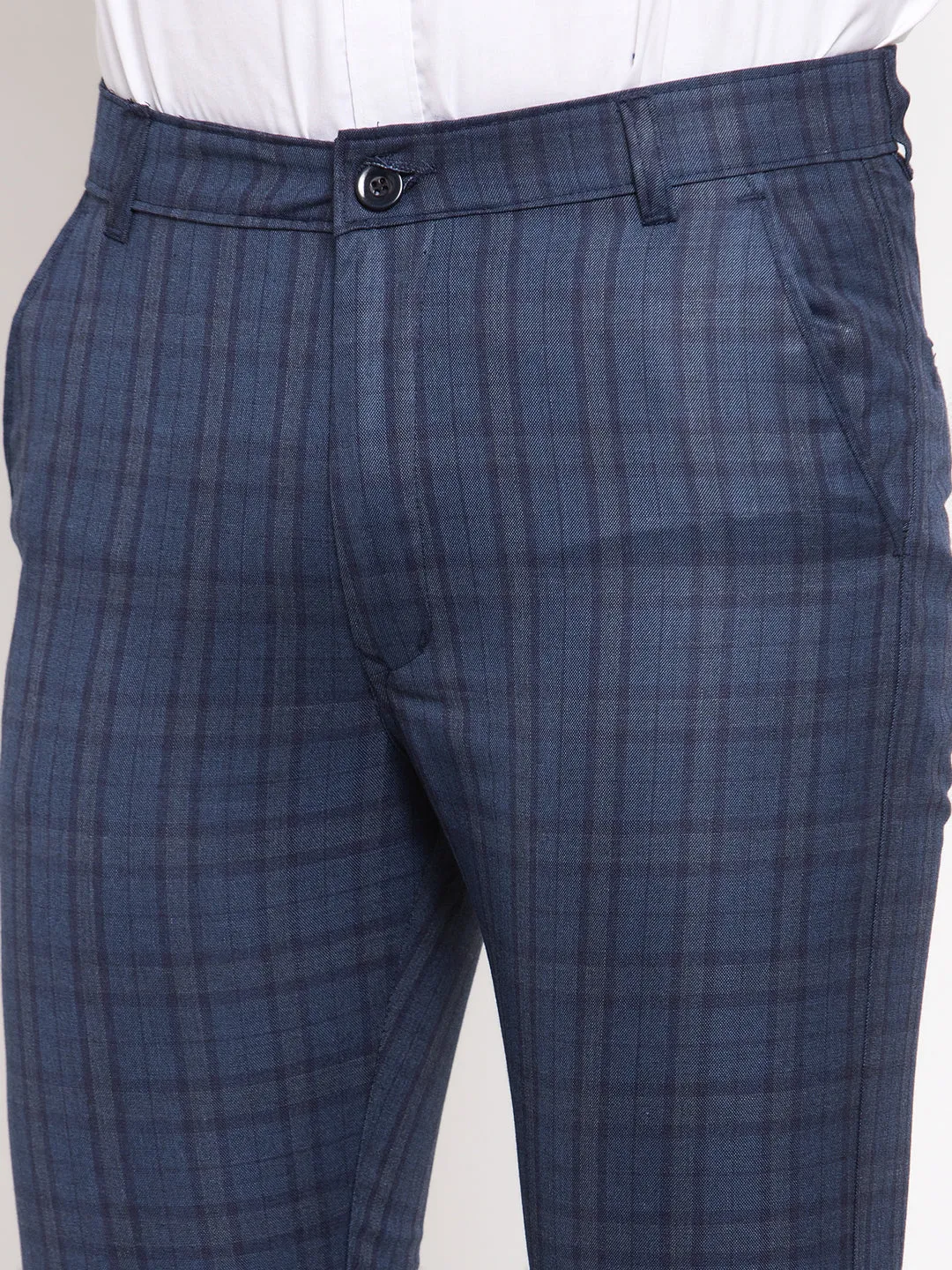 Men'S Navy Cotton Checked Formal Trousers