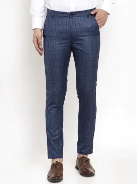 Men'S Navy Cotton Checked Formal Trousers