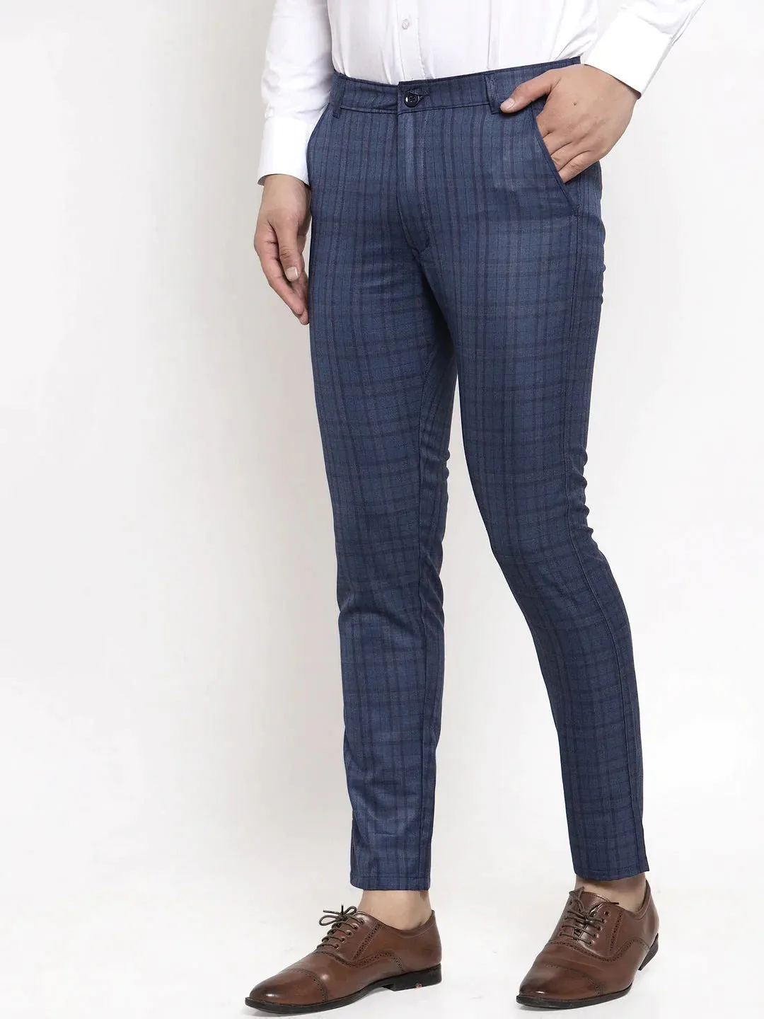 Men'S Navy Cotton Checked Formal Trousers