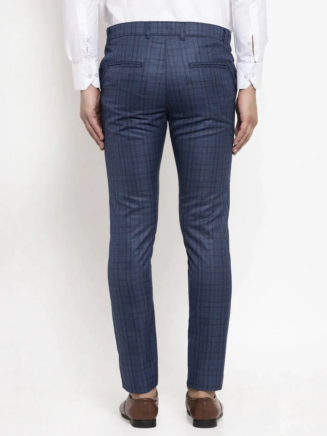 Men'S Navy Cotton Checked Formal Trousers