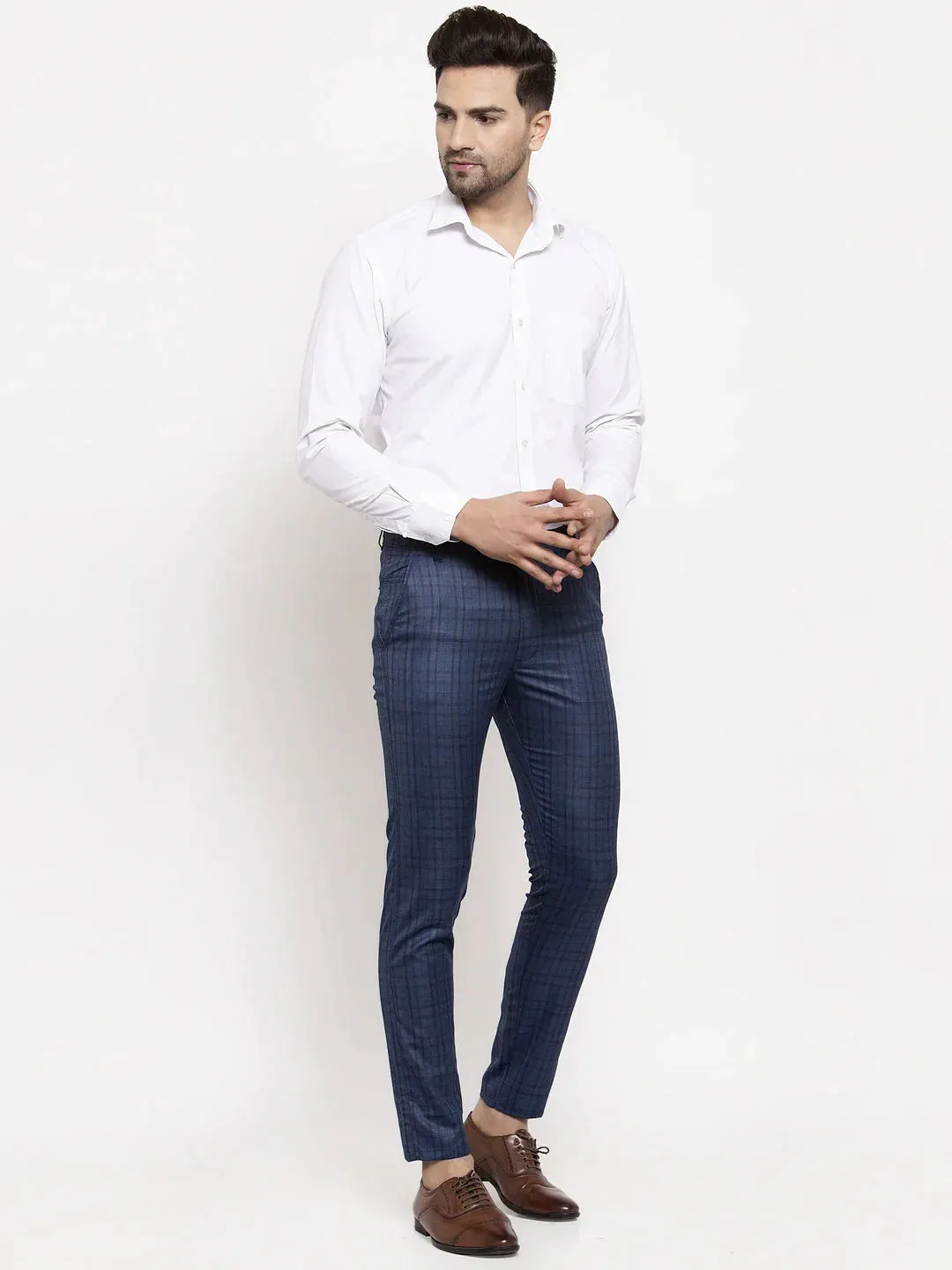 Men'S Navy Cotton Checked Formal Trousers