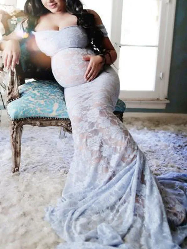 Momnfancy Floral Lace Cut Out Off Shoulder Maternity Maxi Dress